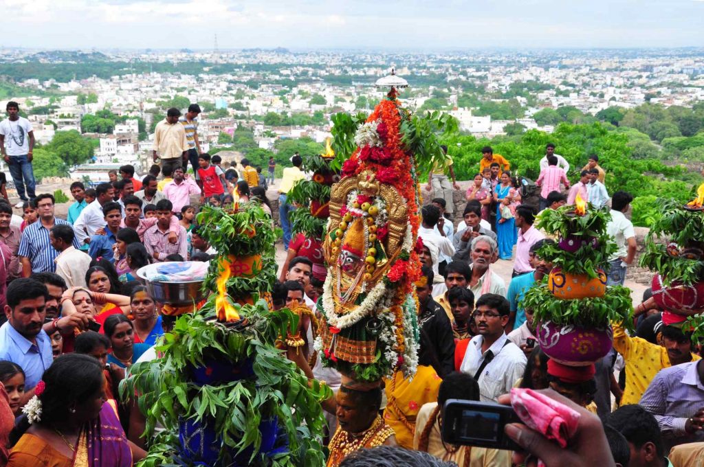Ritual dance being performed in the Golconda Fort on the first Sunday evening of Bonalu celebration. The first day of the festival is held at the Sri Jagadamba temple in Golconda Fort.