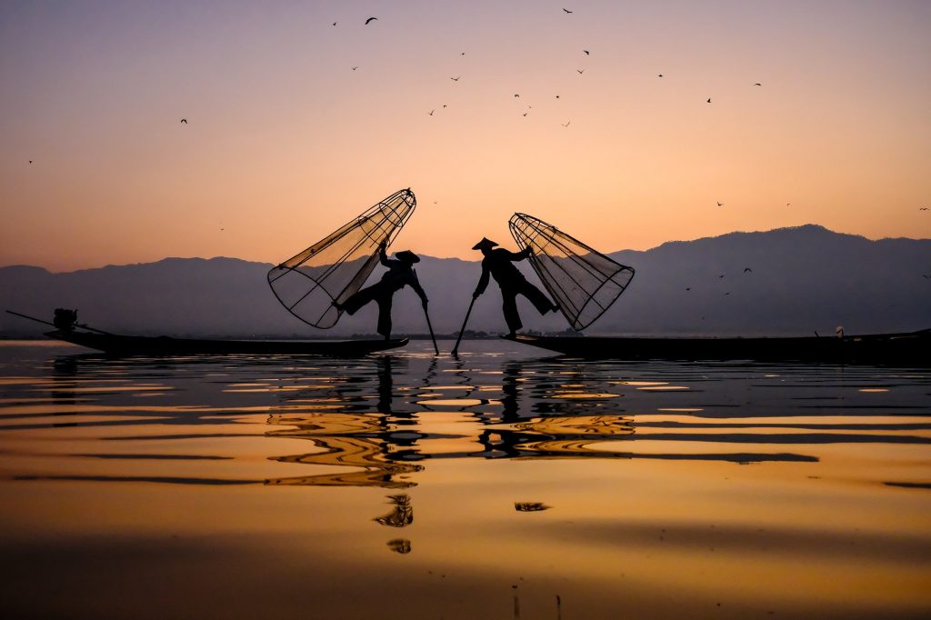 Fishermen catching fish at Inle Lake, Myanmar