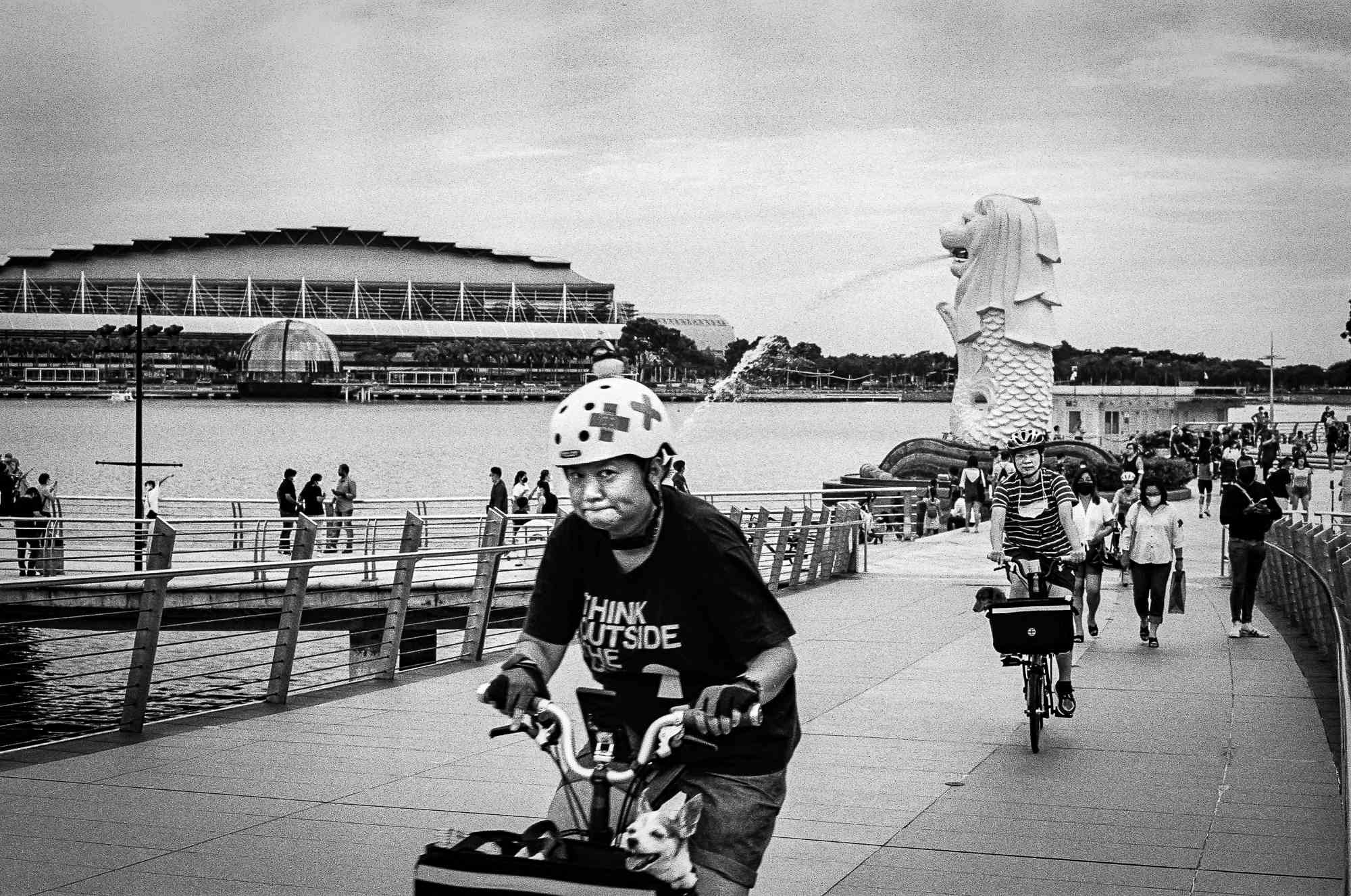 Cyclists pass by through the Jubilee Bridge in the Marina Bay area, Singapore