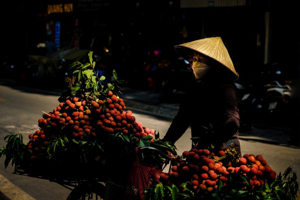 A fruit vendor selling fruits in the streets of Old Quarter, Hanoi.